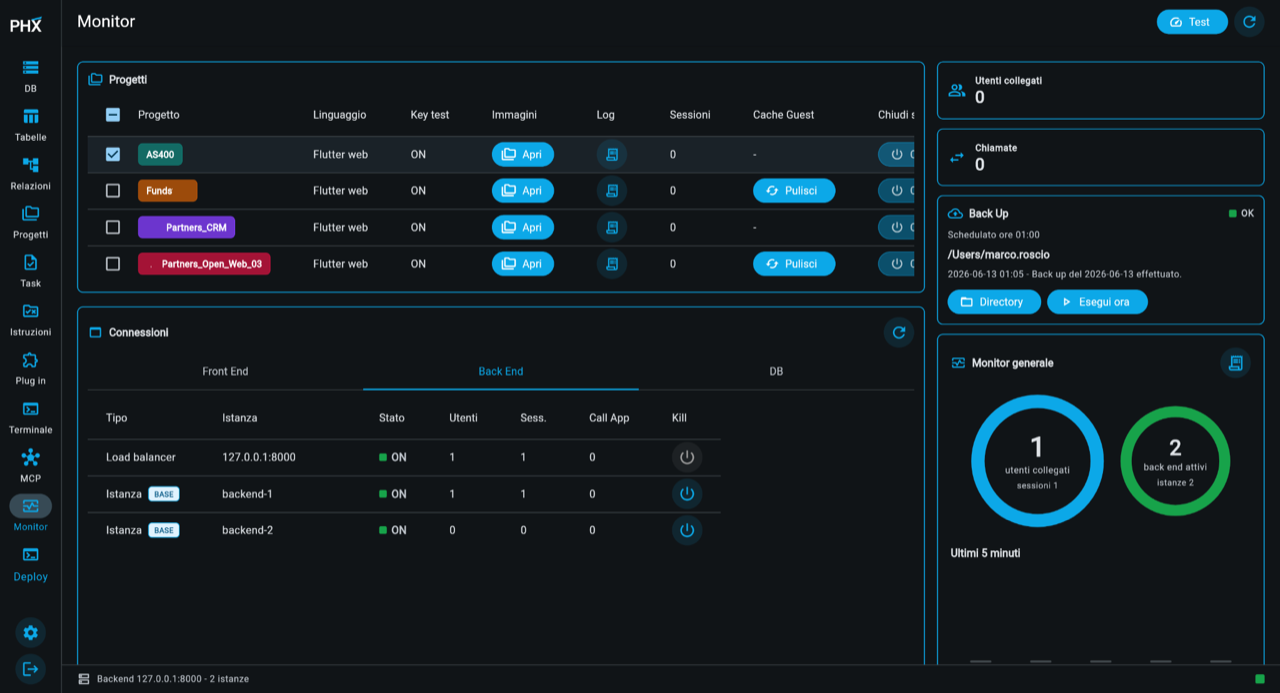 Monitor HM4AI con progetti, backend, sessioni, backup e stato istanze